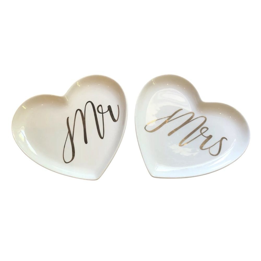 White Porcelain Heart Dishes – Mr. & Mrs. Gold Writing
